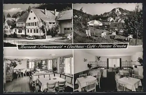 AK Berneck /Schwarzwald, Gasthaus Traube mit Aufnahme des Gartens und Blick über den Ort