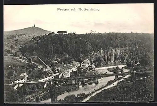 AK Preussisch Rottenburg, Ortsansicht mit Brücke aus der Vogelschau