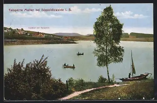 AK Dippoldiswalde i. S., Talsperre Malter und Gasthof zur Talsperre, mit Bootsfahrern