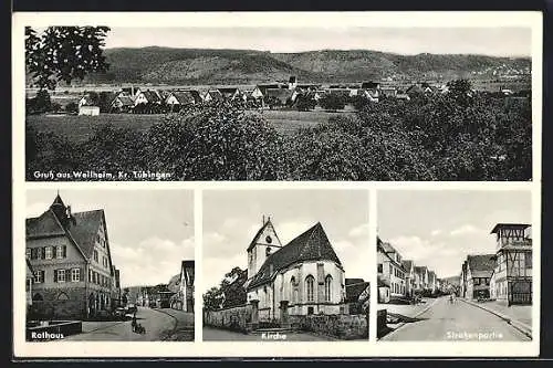 AK Weilheim /Kr. Tübingen, Rathaus, Kirche, Strassenpartie mit Fahrradfahrer