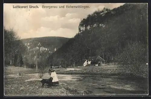 AK Urach / Württbg., Georgenau und Hohenwittlingen, Frau mit Hund am Bach