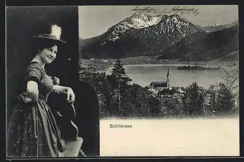 AK Schliersee, Panoramansicht mit Dame in Tracht