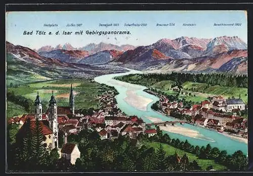 AK Bad Tölz a. d. Isar, Landkarte und Gebirgspanorama