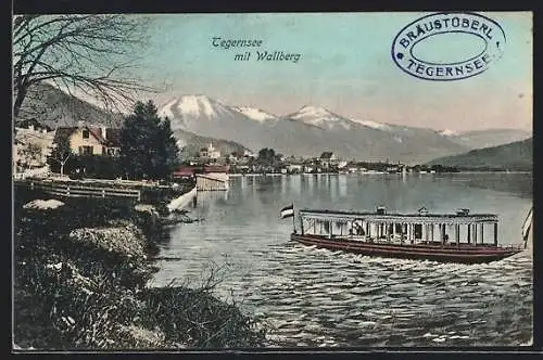 AK Tegernsee, Ortsansicht mit Wallberg, Fährboot