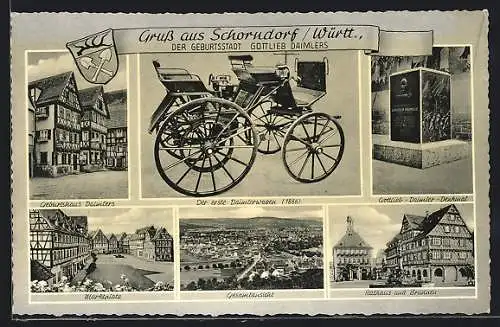 AK Schorndorf /Württ., Geburtsstadt Gottlieb Daimlers mit 1. Daimlerwagen und Geburtshaus