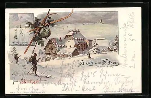 Lithographie Feldberg /Schwarzwald, Gasthaus z. Feldbergspitze mit Skifahrern