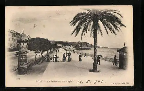 AK Nice, Litfasssäule mit Reklame, La Promenade des Anglais