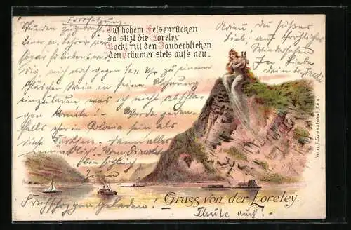 Lithographie Loreley mit Harfe auf dem Felsen am Rhein sitzend