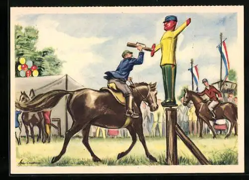 AK Schleswig-Holstein, das Rolandreiten, Reiter zu Pferde beim Spiel mit einer Holzfigur