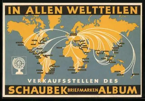 AK Reklame für Schaubek Briefmarken Album, Weltkarte