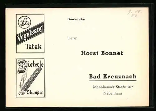 AK Vogelsang-Tabak-Reklame, Dieterle-Stumpen, Horst Bonnet, Bad Kreuznach
