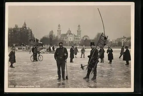 AK Zürich, Zürichseegefrörne 1929, Schornsteinfeger auf dem vereisten Zürichsee