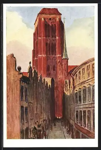 Künstler-AK Danzig / Gdansk, Beutelgasse mit Marienturm