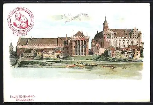 Lithographie Marienburg, Ortsansicht am Wasser, Hoffmann`s Speisenmehl Reklame