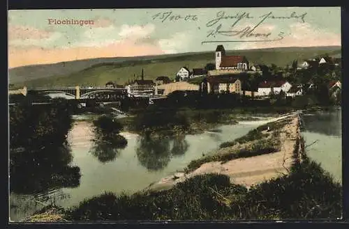 AK Plochingen, Ortsansicht mit Flusspartie