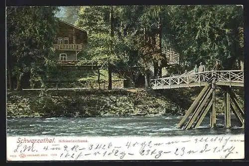 AK Schwarzatal, Wanderer auf der Brücke beim Schweizerhaus