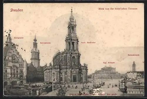 AK Dresden, Georgentor, Schlossturm, Kath. Hofkirche, Kgl. Hofoper, Fernheizwerk v. der Brühl`schen Terrasse aus