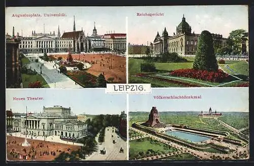 AK Leipzig, Augustaplatz mit Universität, Reichsgericht, Völkerschlachtdenkmal