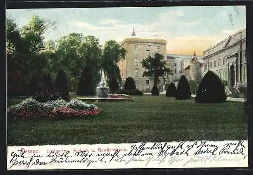AK Dessau, Lustgarten mit Schloss und Gewächshaus