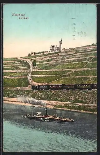 AK Würzburg, Steinburg mit Dampfer und Eisenbahn