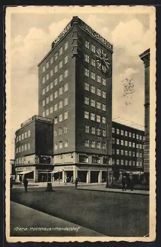 AK Gera, Hochhaus u. Handelshof mit Stadtsparkasse