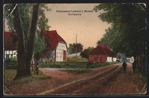 AK Lubmin i. Pomm., Dorfpartie mit Blick auf ein Fachwerkhaus