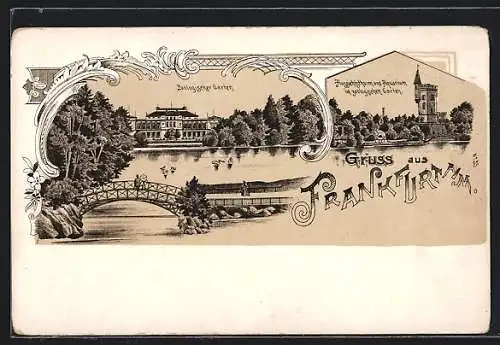 Lithographie Frankfurt-Ostend, Zoologischer Garten vom See aus, Aussichtsthurm und Aquarium