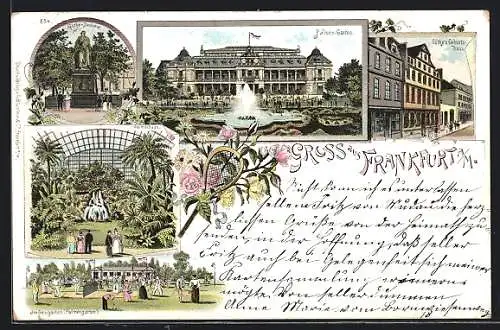 Lithographie Alt-Frankfurt, Goethe`s Geburtshaus, Palmen-Garten