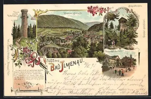 Lithographie Bad Ilmenau, Thurm auf dem Kickelhahn, Südseite des Ortes, Schwalbenstein & Wasserheil-Anstalt