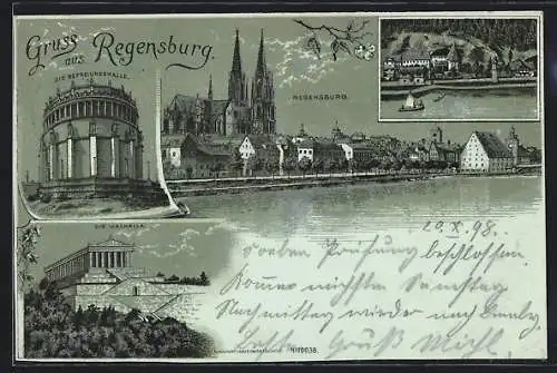 Mondschein-Lithographie Regensburg, Die Befreiungshalle, die Walhalla, Flusspanorama