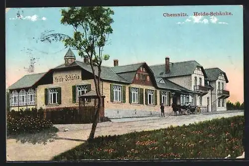 AK Chemnitz, Gasthof Heide-Schänke, davor eine Kutsche