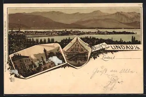 Lithographie Lindau i. B., Gesamtansicht aus der Vogelschau, Rathaus, Hafeneinfahrt