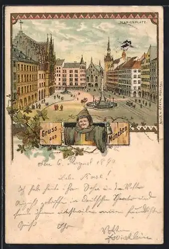 Lithographie München, Marienplatz mit Denkmal