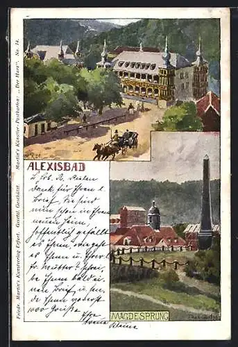 Künstler-AK Alexisbad, Das Kurhaus, Ortsansicht Mägdesprung