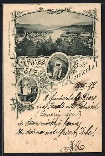 AK Tölz, Wäscherin in Tracht, Gesamtansicht der Ortschaft mit Bad Krankenheil