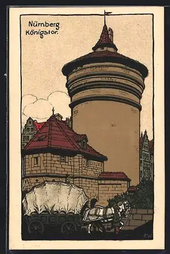Künstler-AK Nürnberg, Pferdekutsche am Königstor