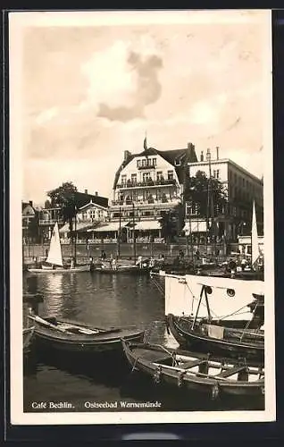 AK Rostock, Hotel Cafe Konditorei Bechlin v. W. Bechlin, Segelboote