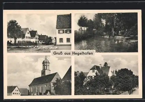 AK Hegelhofen, Ortspartien, Kirche und Teichansicht
