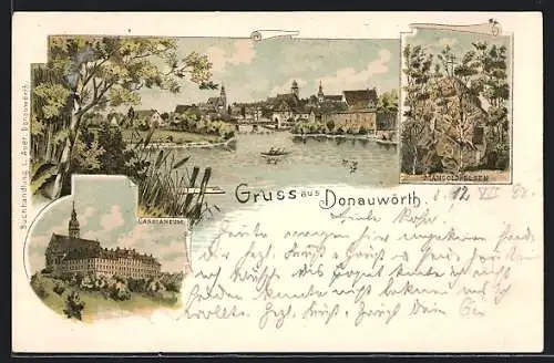 Lithographie Donauwörth, Cassianeum, Am Mangoldfelsen, Teilansicht der Stadt