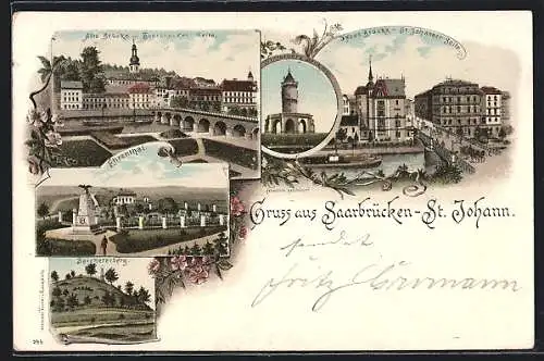 Lithographie Saarbrücken-St. Johann, Spichererberg, alte Brücke, neue Brücke, Winterberg-Denkmal, Ehrental um 1900