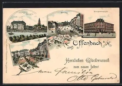 Lithographie Offenbach a. M., Alicenplatz, Schloss, Kunstgewerbeschule