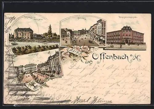 Lithographie Offenbach a. M., Alicenplatz, Schloss, Kunstgewerbeschule