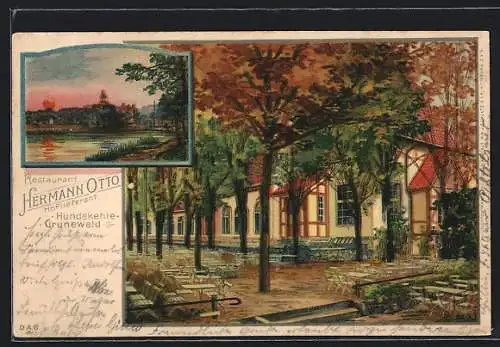 Lithographie Berlin-Grunewald, Restaurant Hermann Otto mit Gartenterrasse und abendlichem Seeblick