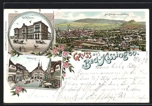 Lithographie Bad-Kissingen, Kgl. Kurhaus, Marktplatz, Gesamtansicht v. Staffelsberg