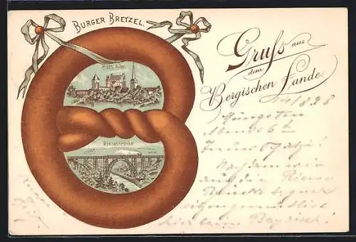 Passepartout-Lithographie Solingen, Burg und Riesenbrücke mit Burger Bretzel