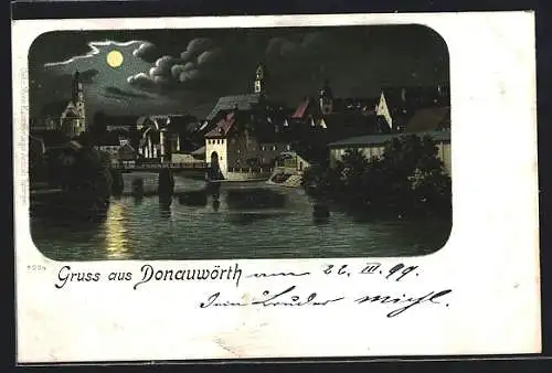 Lithographie Donauwörth, Ortsansicht vom Wasser aus