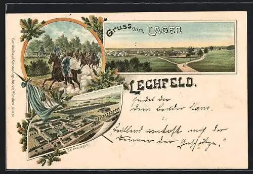 Lithographie Lechfeld, Lager mit Barackenlager und Soldaten mit Kanonen