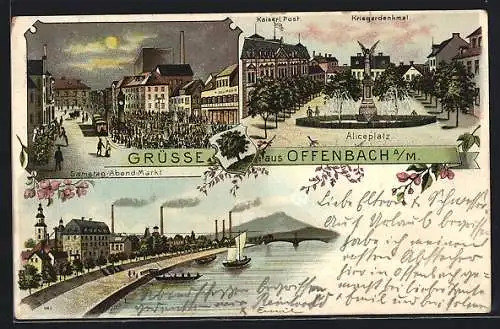 Lithographie Offenbach a. M., Samstag-Abend-Markt, Aliceplatz mit Kaiserl. Post