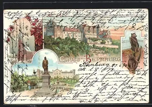 Lithographie Bernburg, Carlsplatz mit Bismarck-Denkmal, Martinskirche, Bären