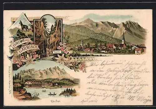Lithographie Garmisch, Ortsansicht, Eib-See, Partnach-Klamm